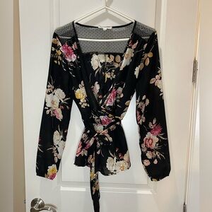 Miss Selfie Chic Floral Faux Wrap Blouse Black and Pink Surplice Top Size L